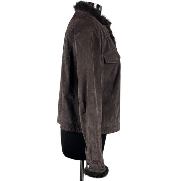 Y2K CROPPED SUEDE LEATHER FAUX FUR TRIM CHOCOLATE BROWN JACKET COLDWATER CREEK - Picture 8 of 15